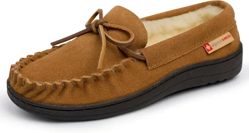 Vista 10 de Alpine Swiss Sabine - Pantuflas tipo mocasín para mujer, zapato de casa de gamuza auténtica, plantilla de espuma viscoelástica, piel de oveja Negro