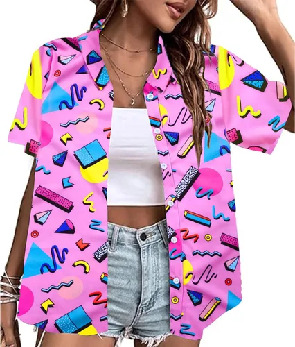 Vista 2 de Trajes de los años 80 y 90 para mujer, camiseta temática de fiesta de los años 80, camisas hawaianas con botones de los años 90, camisetas retro