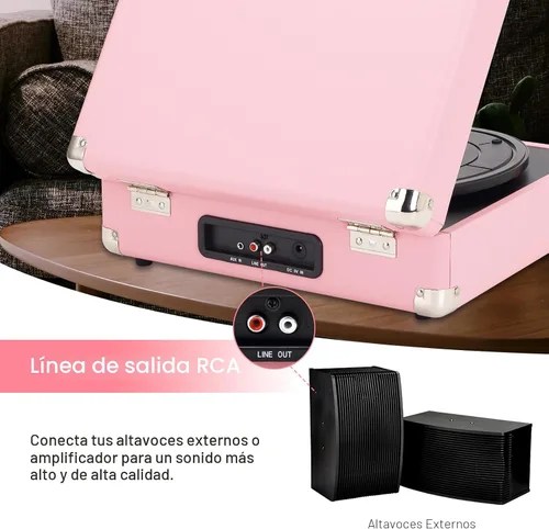 Vista 5 de Reproductor de discos de vinilo rosa de 3 velocidades portátil en maleta con altavoces duales integrados, gramófono Bluetooth con batería