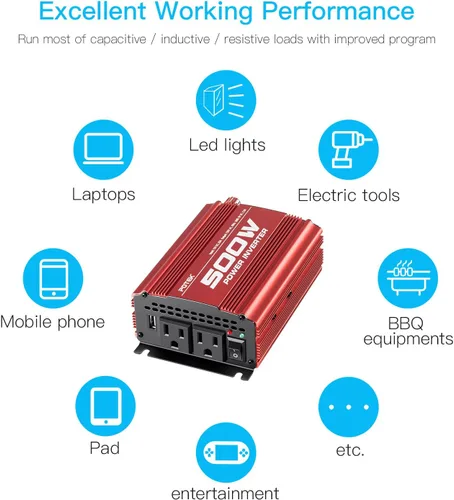 Vista 6 de POTEK - Inversor de corriente para automóvil de 500W, DC 12V a AC 110V, con 2 tomas de corriente AC y puerto USB de 2A