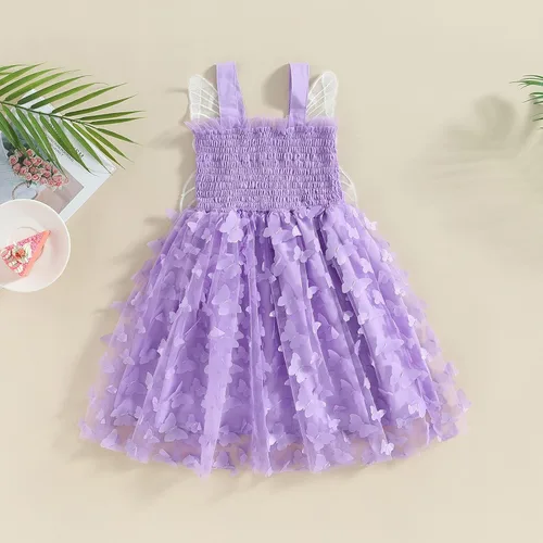 Vista 4 de Toddler Baby Girl Butterfly Dresses Solid Frill Princess Layered Sling Tulle Tutu Dress Birthday Party Casual Clothes