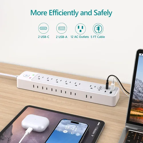 Vista 2 de Regleta de protección contra sobretensiones de 5 pies con 12 tomas de corriente y 4 puertos USB AiJoy Power Strip with USB Ports Extension Cord