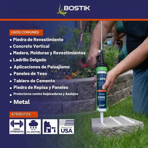 Vista 5 de Bostik Grip n Grab 9.5oz adhesivo de agarre instantáneo Premium resistente Grado profesional Impermeable para uso interno y externo, bajo olor