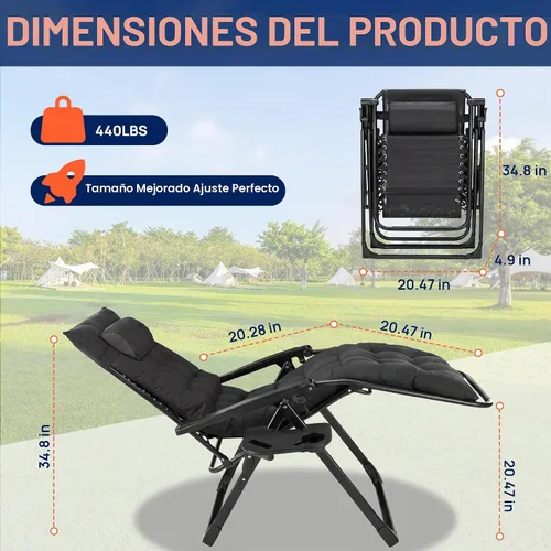 Vista 2 de Alpen Silla de gravedad cero de gran tamaño, reclinable portátil para patio Acolchado negro.