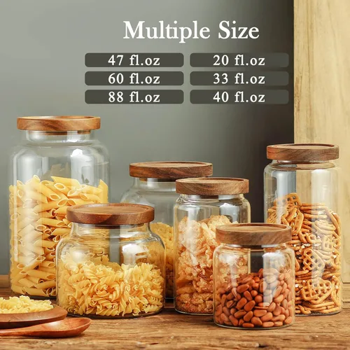 Vista 5 de Labina Recipiente de Almacenamiento de Vidrio Hermético Frascos de Alimentos Recipiente de Cocina con Tapas de Madera, 20 Oz Boca Ancha Organización