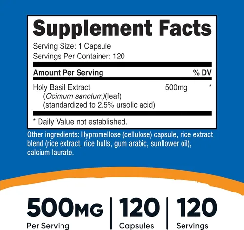 Vista 2 de Nutricost Cápsulas de albahaca sagrada de 500 mg, 120 cápsulas vegetarianas, sin gluten, sin OMG