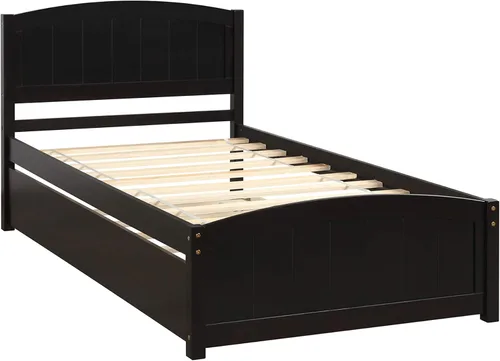 Vista 4 de Merax Cama de plataforma de madera tamaño individual, marco de cama con cama nido, no requiere somier, color espresso