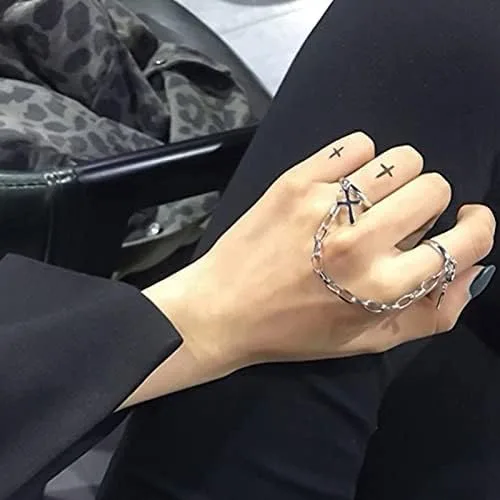 Vista 5 de 17Pcs Adjustable Punk Chain Rings Set Vintage Knuckle Gothic Rings Set Alloy Biker Obsidian Chain Open Rings Stackable Hollow Carved Finger Rings