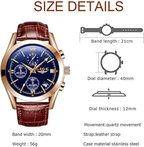 Vista 6 de LIGE Reloj analógico de cuero para hombre, reloj de pulsera de cuarzo, para citas, negocios, casual, impermeable, reloj deportivo, color negro