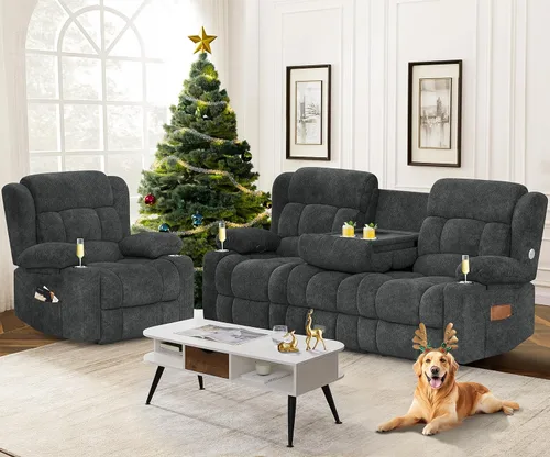 Vista 16 de Dresegmt - Juego de sofá reclinable con consola, diseño de respaldo central abatible, sofá de 3 plazas y sillón reclinable individual, sofás Gris