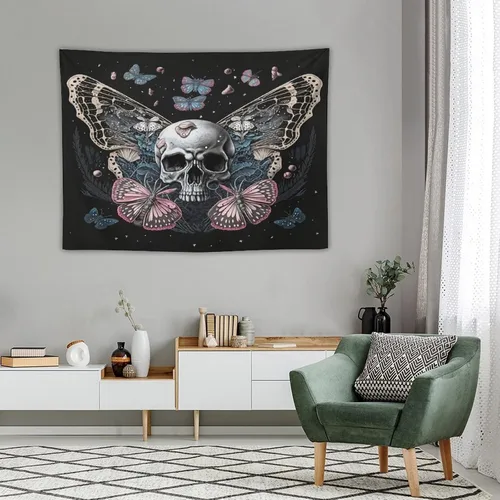 Vista 3 de Naykow Tapiz de calavera y mariposa, tapiz rosa trippy negro, tapiz de bruja gótica para dormitorio, decoración de habitación hippie de mariposa