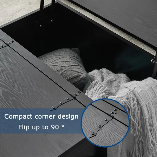 Vista 5 de Mesa de centro negra con almacenamiento, mesa de cóctel con parte superior elevadora con bisagras, mesa central cuadrada de madera con gran