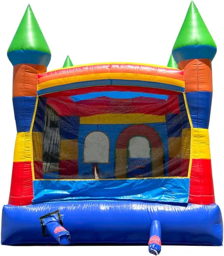Vista 8 de Pogo Bounce House Crossover inflable con tobogán sin soplador, arcoíris sonriente 18 x 12 x 14.5 Foot Bounce House Combo Waterslide with
