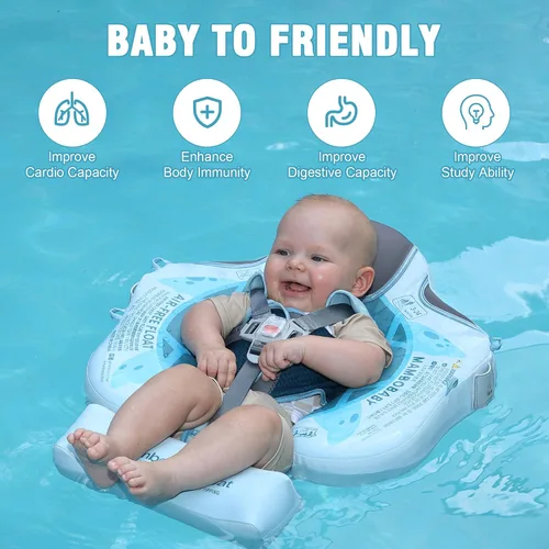 Vista 3 de Mambobaby Flotador de piscina para bebé no inflable con toldo UPF 50+, flotador de natación infantil antideslizante con arnés de seguridad de 5