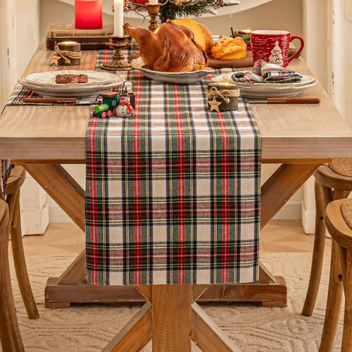 Vista 10 de Camino de mesa de Navidad a cuadros beige, caminos de mesa de vacaciones de invierno de 72 pulgadas de largo, decoraciones de Navidad para Cuadros