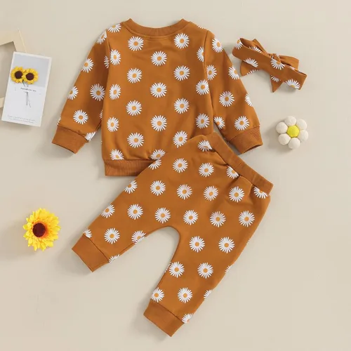 Vista 7 de CIYCUIT Conjunto de 3 piezas de sudadera de margaritas + pantalones + diadema, ropa infantil de otoño e invierno