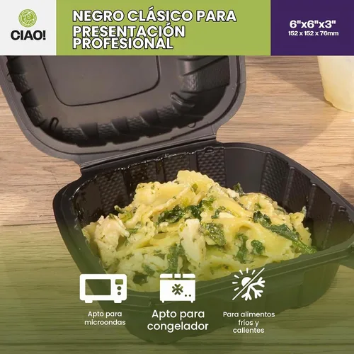 Vista 6 de CIAO! Contenedor negro con bisagras MFPP de 6"x6"x3" con tapa, 1 compartimento (caja de 300)