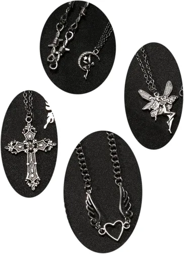 Vista 9 de Juego de 10 piezas de collar Y2k para mujer, accesorios góticos grunge, collares de joyería, cruz gótica, espinas de hadas, ángel gótico, corazón