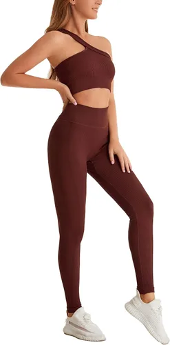 Vista 2 de Yknktstc Conjuntos de entrenamiento para mujer, brasier deportivo acanalado sin costuras, traje de 2 piezas, cintura alta, gimnasio, yoga, leggings