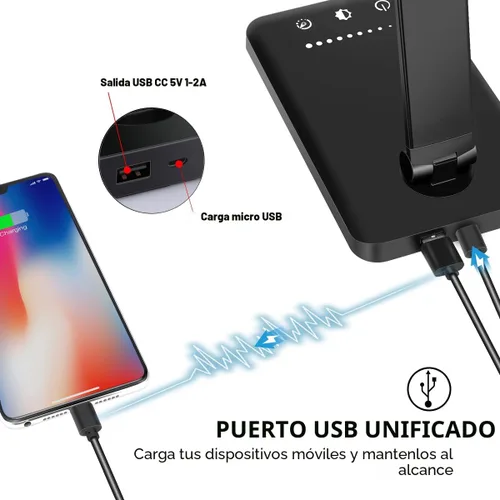 Vista 4 de Lámpara de escritorio LED White Crown, lámpara de mesa regulable, lámpara de lectura con puerto de carga USB, 5 modos de iluminación, control Negro