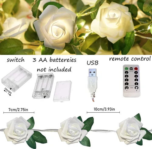 Vista 2 de Cadena de luces de rosa alimentadas por batería o USB con control remoto, luces de hadas de rosa impermeables para dormitorio, Navidad, festivales