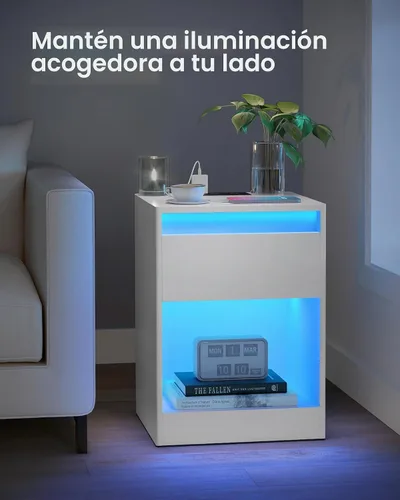 Vista 9 de VASAGLE Mesita de noche LED con estación de carga, 1 cajón Blanco nube