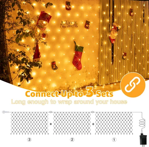Vista 4 de Ollny - Luces de red para exteriores de 10 x 7 pies, 210 luces LED de cable transparente conectables, luces de red de Navidad con 8 modos, IP67