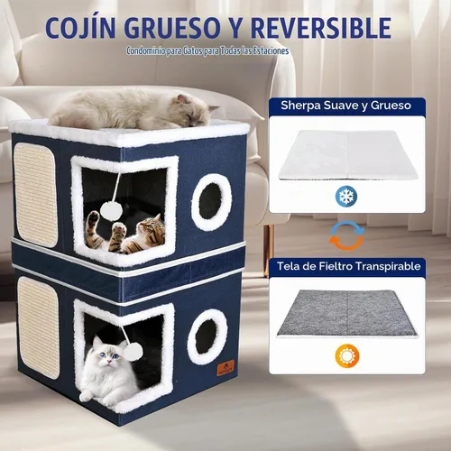 Vista 6 de Casa de Gato de 2 Pisos para Gatos de Interior, Cama de Cueva de Gato de Dos Propósitos con Almohadilla para Arañar y Bola Esponjosa, Escondite
