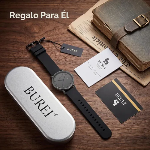 Vista 6 de BUREI Relojes de pulsera para hombre, relojes minimalistas de moda, analógicos de cuarzo, impermeables para hombres Banda negra negra