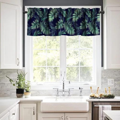 Vista 4 de Cortina de cenefa de hojas verdes tropicales, diseño de hojas de palmera, cenefa con bolsillo para barra, 1 panel, cortinas cortas para cocina