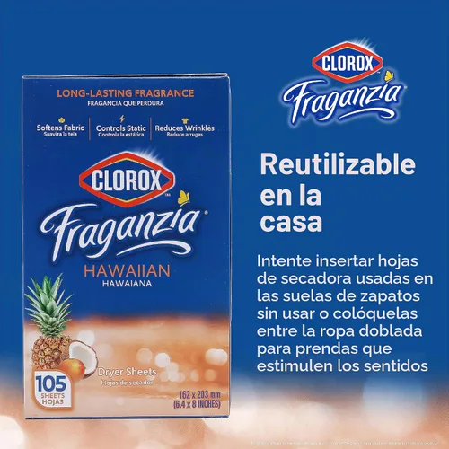 Vista 4 de Clorox Fraganzia - Hojas para secadora, aroma Hawaiian Escape, 105
