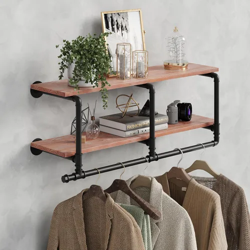 Vista 9 de Perchero para ropa de 72 pulgadas, para montar en la pared, con estante de madera real, perchero colgante resistente, barra para colgar multiusos