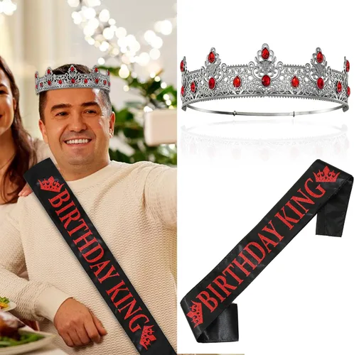 Vista 2 de Corona y banda de cumpleaños, decoración de fiesta de cumpleaños para hombres (negro y rojo)