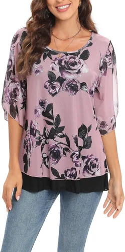 Vista 4 de Blusas de malla de manga 34 con volantes, cuello redondo, elegante, fluida