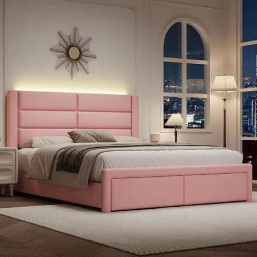 Vista 10 de Base de cama individual con cabecero tapizado y luces LED, moderno marco de cama de piel sintética con soporte de listones de madera y base