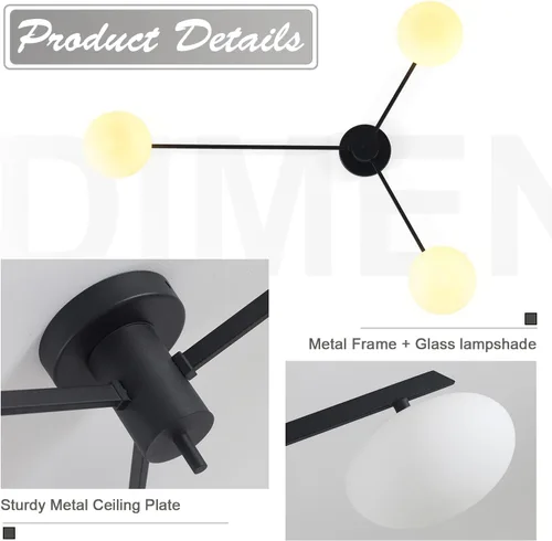 Vista 2 de Lámpara de araña moderna Sputnik de 3 luces con pantalla de vidrio lechoso - Lámpara de techo empotrada negra para cocina