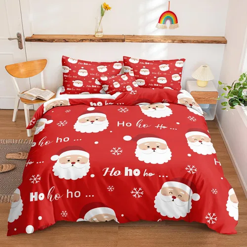 Vista 35 de Juego de ropa de cama de Navidad con funda de edredón de copos de nieve, color blanco y rojo, con estampado navideño, juego de ropa de cama festiva