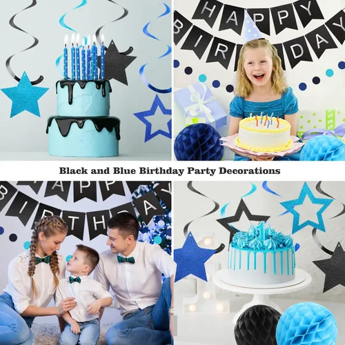 Vista 4 de meowtastic - Decoraciones de cumpleaños, pancarta de feliz cumpleaños con bolas de panal de abeja, serpentinas colgantes de estrellas, guirnalda