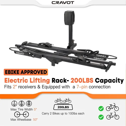 Vista 4 de CRAVOT Portabicicletas elevadoras eléctricas, soporte motorizado para bicicletas, capacidad de 200 libras de capacidad de hasta 5 pulgadas, portador