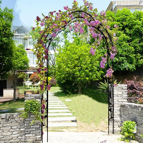 Vista 8 de Arco de jardín de metal de 98.4 pulgadas de alto, enrejado de jardín, plantas trepadoras, soporte de arco de rosas, césped al aire libre, boda
