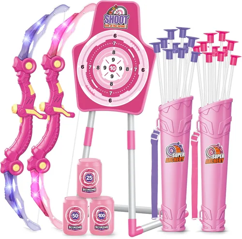 Vista 11 de SpringFlower 2 Bow and Arrow Sets with LED Light-up,2 Foam Dart Guns for Kids 5 6 7 8 9 10+ Years Old, Archery Set with Standing Target for Boys &