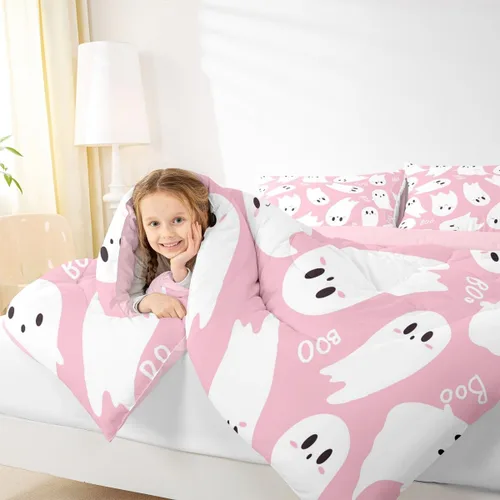 Vista 2 de Castle Fairy Happy Halloween - Juego de edredón para niños, tamaño Queen, juego de ropa de cama con diseño de fantasmas de dibujos animados rosa
