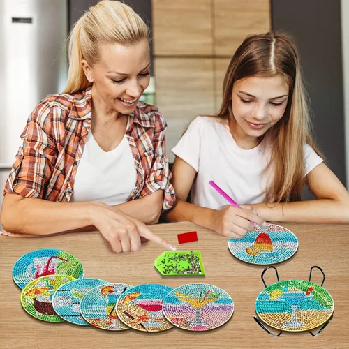 Vista 5 de CasaPopz Juego de 8 posavasos de arte de diamante con soporte para adultos, kits de posavasos de arte de diamantes antideslizantes para mujeres