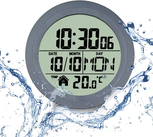 Vista 9 de Reloj de pared impermeable para baño, reloj de pared negro para interiores con ventosa, movimiento de cuarzo, marco de plástico, opción flexible
