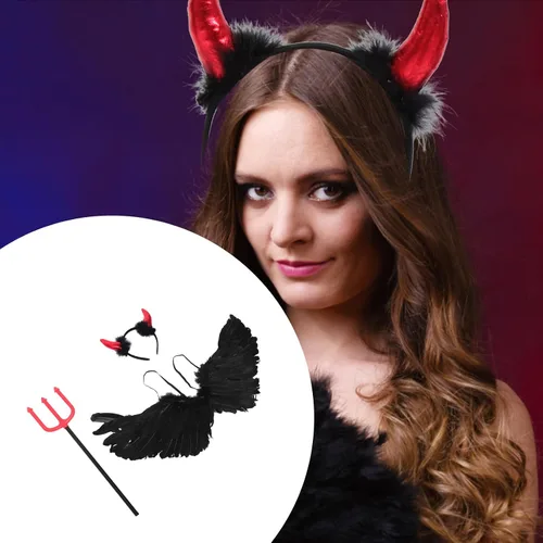 Vista 3 de OSALADI Conjunto de disfraz de diablo de Halloween, diadema de cuerno de diablo, tridente negro, disfraz de demonio de diablo, accesorio