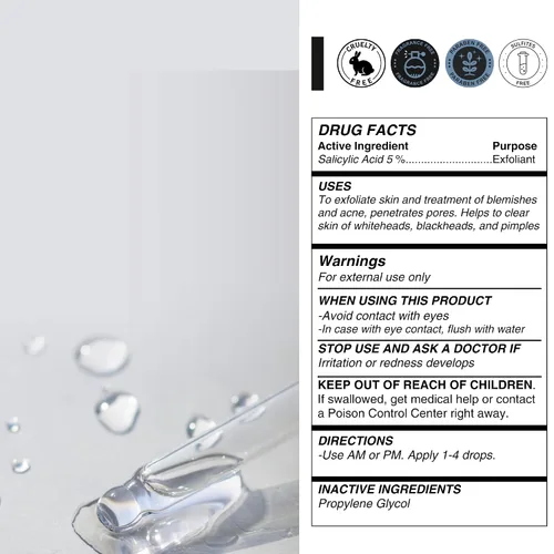 Vista 2 de Solución de suero de ácido salicílico al 5% de 2 onzas líquidas, fórmula de dos ingredientes sin perfume Minimal formulation, no added fragrance