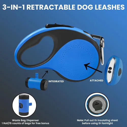 Vista 3 de Best Dog Supplies - Correa gruesa retráctil para perros grandes con dispensador de bolsas y linterna, correa de perro de 26 pies/26.2 ft para perros
