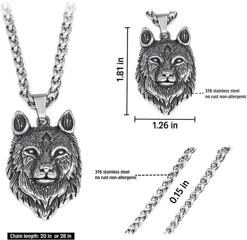 Vista 4 de BAVIPOWER Viking Fenrir - Collar con dije de cabeza de acero inoxidable, potente joyería pagana para hombres y mujeres, protección de amuleto