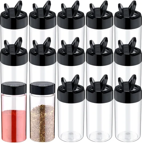 Vista 8 de Mimorou - Paquete de 30 tarros de plástico para especias de 6.1 onzas con tapas de coctelera, recipientes transparentes para condimentos, botellas