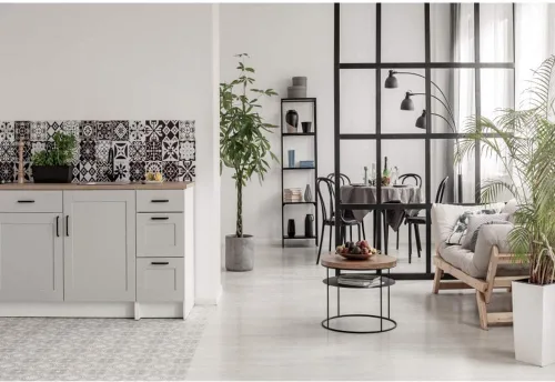 Vista 4 de Fondo de fotografía moderno y acogedor para sala de estar, de 5 x 3 pies, sofá limpio y ordenado, fondo de cocina abierta, trabajo en casa
